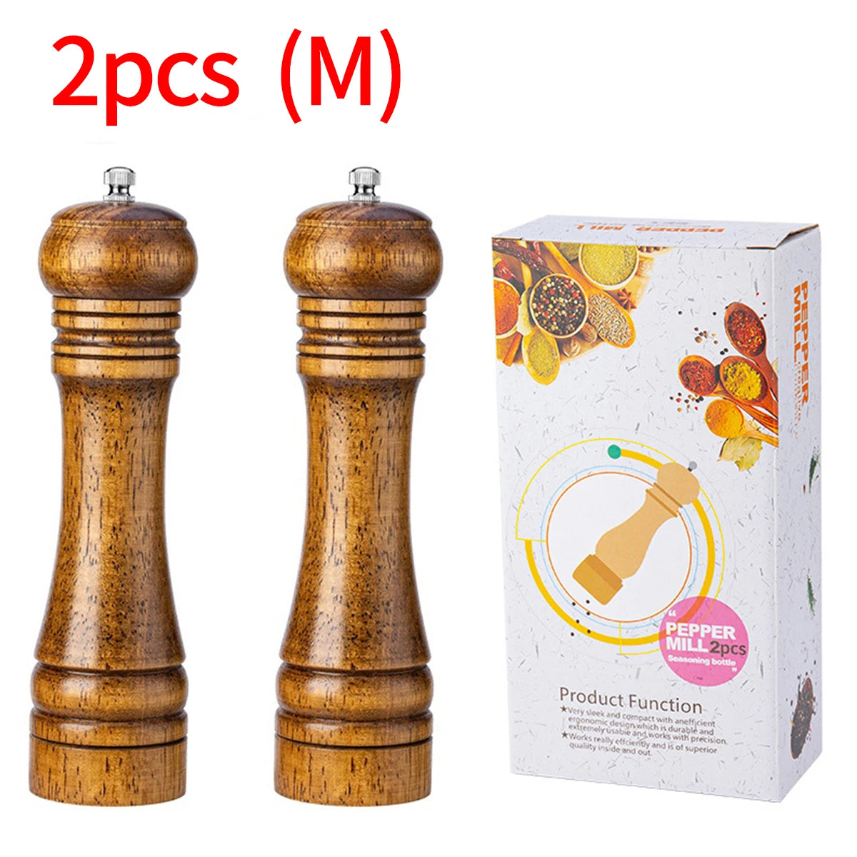 Premium Oak Wood Manual Pepper Grinder | 5" 8" 10" Seasoning Grinding Jar for Kitchen