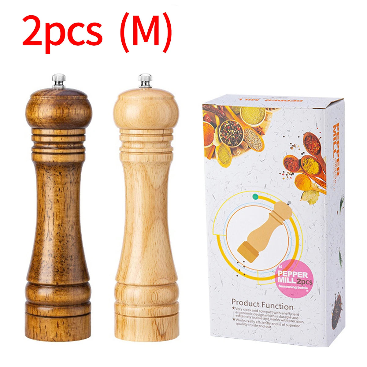 Premium Oak Wood Manual Pepper Grinder | 5" 8" 10" Seasoning Grinding Jar for Kitchen