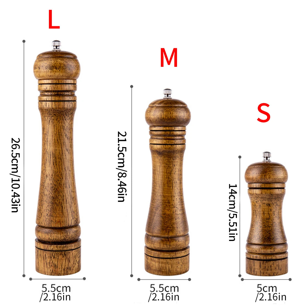 Premium Oak Wood Manual Pepper Grinder | 5" 8" 10" Seasoning Grinding Jar for Kitchen